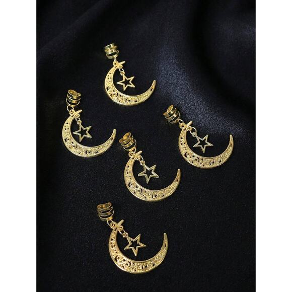 Gold Crescent Moon & Star Hair Charms – Boho Braid Jewelry Clip Set - Picture 2 of 3